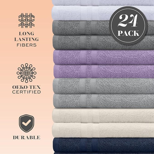 White Classic Wealuxe Multi Washcloths 24 Pack - 600 GSM 100% Ring-Spun Cotton Wash Cloths for Showering, Highly Absorbent and Soft | 12x12 Inches