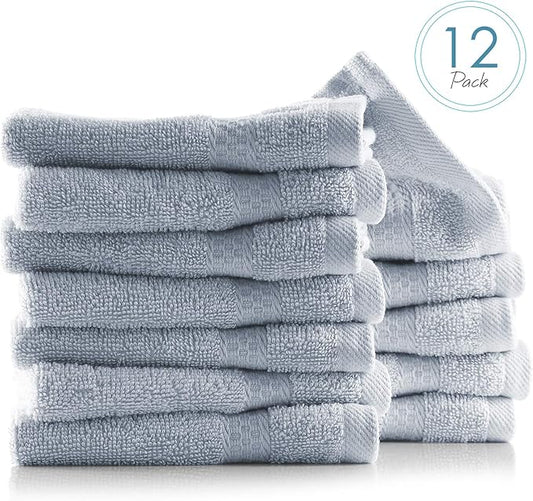 Hearth & Harbor Washcloths 12 Pack - 100% Cotton Washcloth for Body and face, High Absorbent and Soft 13"x13" Body Wash Cloth, Quick Dry - Ice Blue Washcloths
