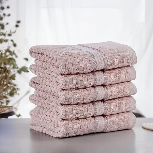 Ample Decor 100% Cotton Soft Pink Washcloths Set of 5 - Super Soft, Quick-Dry, Highly Absorbent, Popcorn Textured - Mulaayam Collection - 12 X 12 Inch