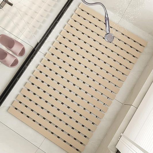 Non Slip Large Shower Mat(35.4"*23.6"),Non Suction Cups Shower Mats for Inside/Outside Shower, Heavy Duty Rubber Walk in Shower Mat for Elderly (Apricot)