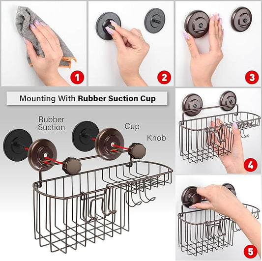 HASKO Shower Caddy Suction Cup with Hooks & Soap holder, Shower Shelf, Bathroom Storage Organizer, Rustproof Shampoo Holder, Bronze