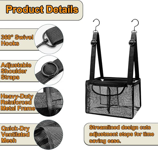 Black PVC Mesh Hanging Shower Caddy with 2 Magnetic Hooks, Adjustable Portable Bathroom Organizer with Pockets for Cruise, Dorm, Gym, Camping, RV, 12"x6"x7"(LxWxH)