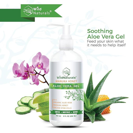 Wild Naturals 100% Pure Aloe Vera Gel with Manuka Honey – Organic Gel for Sunburn Relief, Acne, Scars & Dry Scalp – Moisturizing Gel for Face, Hair & Body