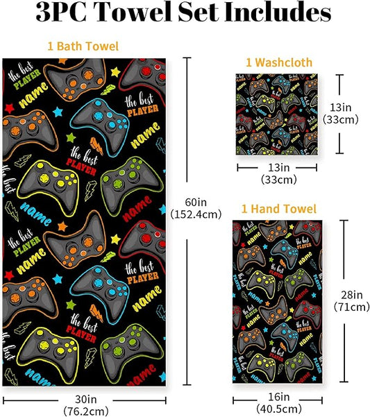 Custom Name Gaming 3 Piece Towel Bathroom Sets, 1 Bath Towel, 1 Washcloth, 1 Hand Towel, Cotton Fast Dry Soft Absorbent Towel Set for Home Kitchen Family