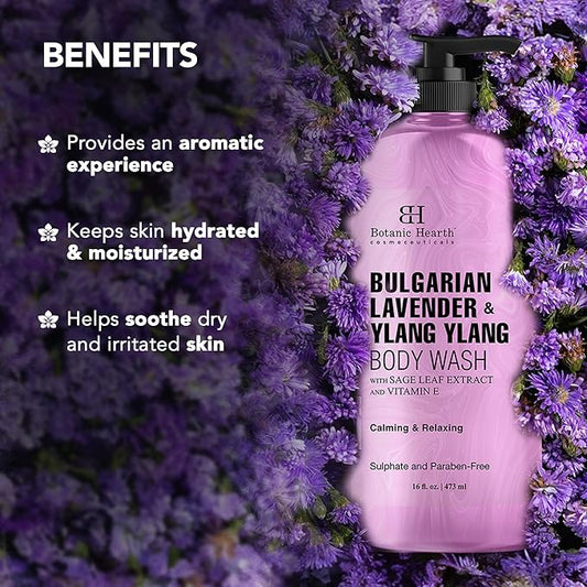 Botanic Hearth Bulgarian Lavender & Ylang Ylang Body Wash – Calming & Relaxing Shower Gel with Vitamin E & Sage Extract, Sulfate & Paraben Free – 16 fl oz