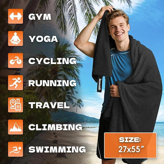 Microfiber Sweat Towel Quick Dry Lightweight Absorbent 3 Pack,Fast Drying 27‘’ X 55‘’ Negative Ions Odorless Gym Towels for Men & Women Yoga Sports Travel Outdoor Camping Gym (Large Black)