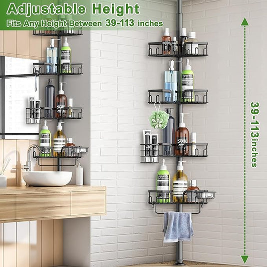 Corner Shower Caddy Tension Pole, 4-Tier Rustproof Bathroom Organizer Storage for Inside Shower Bathtub Shampoo,39 to 113 Inch Adjustable Floor Standing Shelves Black