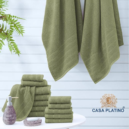 Casa Platino 100% Mercerized Cotton Bathroom Towel Set - 8 Pieces, Hotel Quality - Soft & Highly Absorbent - Ring Spun - 2 Large Bath Towels, 4 Washcloths, 2 Hand Towels - Family Pack - Oil Green