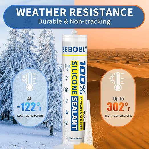 Black Silicone Caulk & Sealant, 100% Waterproof Silicone Caulking, Silicone Sealant Caulking for Kitchen, Bathroom, RV, Interior & Exterior Use, Shrink & Crack Proof, 10.2 FL. OZ/300ML, 4 Pack