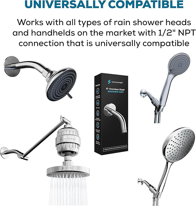 SparkPod 6 Inch Shower Arm with Flange - Solid Stainless Steel Shower Head Extension Arm, Wall-Mounted for Fixed & Handheld Showerheads - Teflon Tape Included (Standard 6", Luxury Polished Chrome)