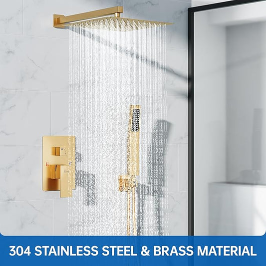12 Inch Luxury Rain Shower Faucet Set, Brushed Gold Shower System with Rainfall Shower Head and Handheld Spray, SUS304 Stainless Steel and Solid Brass Wall Mounted Shower Valve Trim Kit