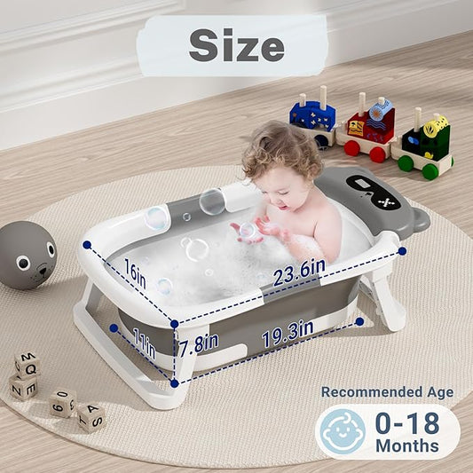 AVIDOR Baby Bathtub,Collapsible Bathtub for Newborn to Toddler,Durable Essential Infant Bath Tub,Portable Travel Baby Tub with Soft Cushion,No-Slip Hanging and Detachable(Grey)