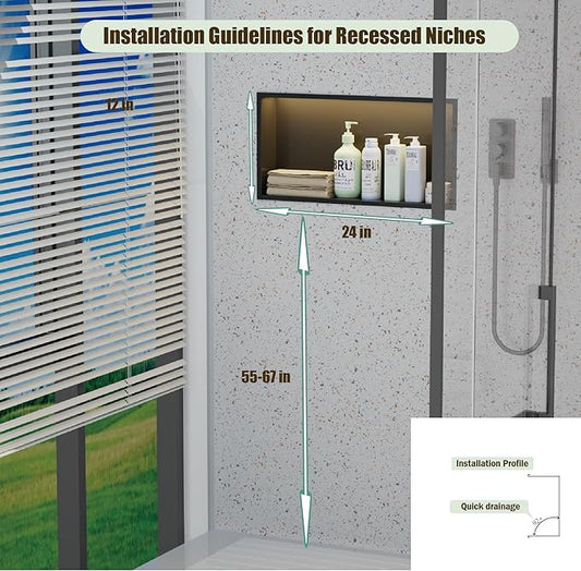 Shower Niche No Tile Needed with Waterproof LED Light Strip for Bathroom Storage, Bathroom for Shower Wall Lighted Niches,Stainless Steel Waterproof Shelf,Matte Black ( 24 x 12 in)
