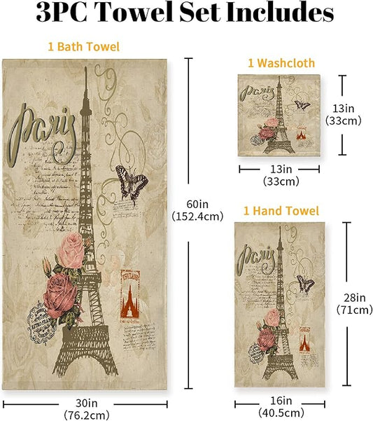 Vintage Butterfly Paris Eiffel Tower 3 Piece Towel Bathroom Sets, 1 Bath Towel, 1 Washcloth, 1 Hand Towel, Cotton Fast Dry Soft Absorbent Towel Set for Home Kitchen Family