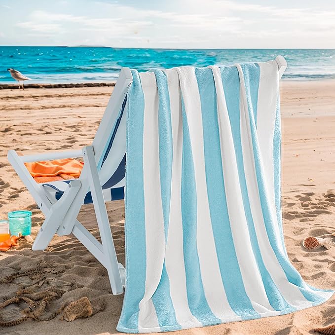 Touchat 4 Pack Cabana Stripe 250GSM Polyester Lightweight Quick-Dry Beach Towel & Blanket Combo- 30'' x 60'' Compact Travel Towel for Pool, Camping, Gym, Yoga | Ultra-Portable, Multi-Functional,Blue