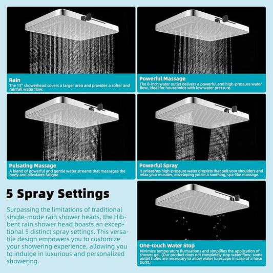 Hibbent Rain Shower Head, 13'' High Pressure Rainfall Square 5 Spray Mode Showerhead with 16" Shower Head Extension Arm, Solid Brass Adjustable Shower Arm Extender, Waterfall fixed Showerheads, Silver