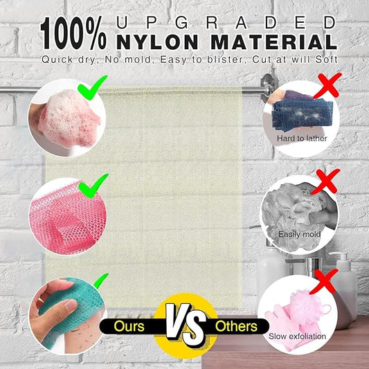 UJFQBH 3 Pieces African Net Sponge, African exfoliating net African Net Long Net Bath Sponge Exfoliating Shower Body Scrubber Back Scrubber Skin Smoother(Pink, Green, Off-White)