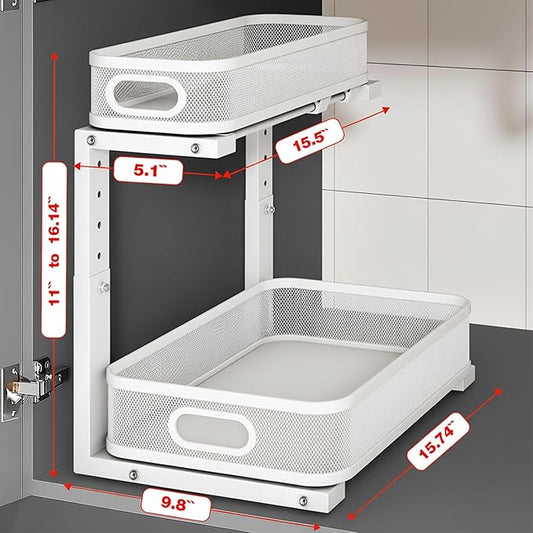 2 Pack Under Sink Organizer, Dual-Layer Pull Out Mesh Cabinet Rack with 5-Level Height Adjustment, Rust-Resistant Sliding Storage for Bathroom & Kitchen, Multi-Purpose 2-Tier Shelf