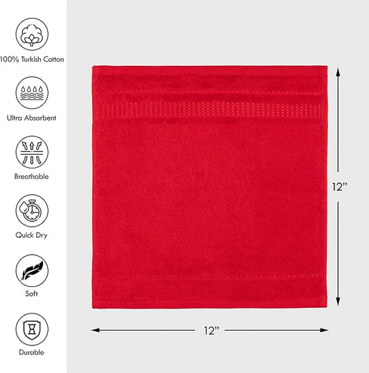 Melissa Linen, Soft Washcloths Set of 4 100% Turkish Cotton Small Hand Towels for Bathroom, Face, Kitchen and Body, 12" x 12" Quick Dry, Absorbent Wash Cloths - Red Washcloths