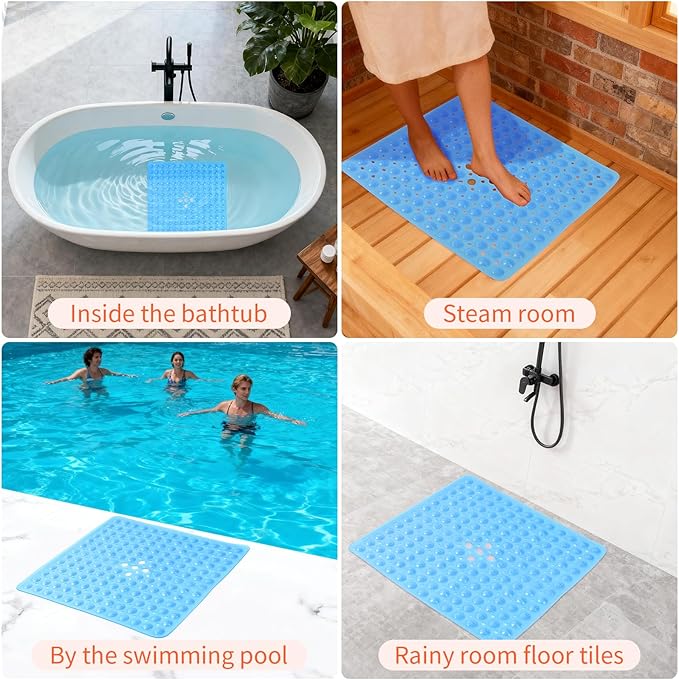 Anti-Slip Bathtub Shower mat, 20.8×20.8(Approximately 53×53cm) inch Soft Oversized Machine Washable Non-Slip Bathtub mat with Drainage Holes, Bathroom Floor Suction Cup.(1-Clear Blue)