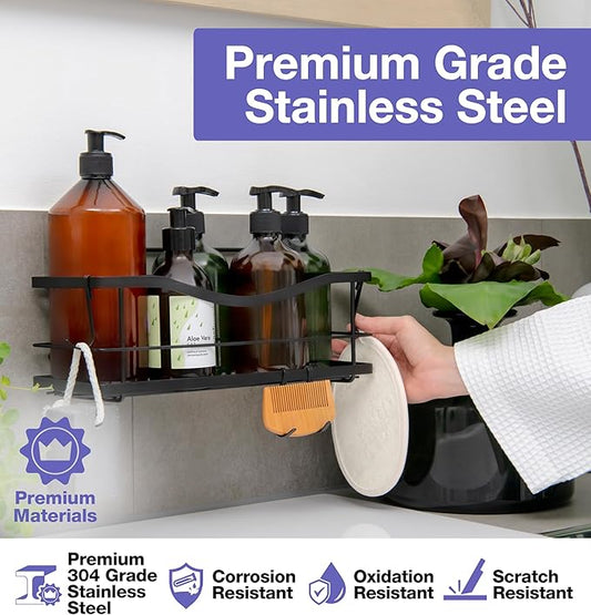 KINCMAX Premium Shower Caddy, Self Adhesive Shower Organizer w/ 4 Hooks, No Drill Shelves for Inside Shower, Rustproof Stainless Steel Shower Rack for Bathroom, Matte Black