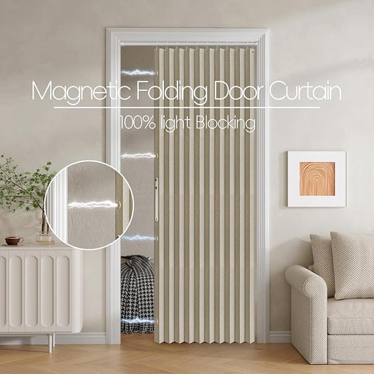 100% Blackout Fabric Folding Door Curtain with Magnetic Closure - Accordion Style for Sliding Doors, Closets,Wardrobe and Temporary Door Solutions Doorway Curtains(W42 x L78, Beige 1 Panel)