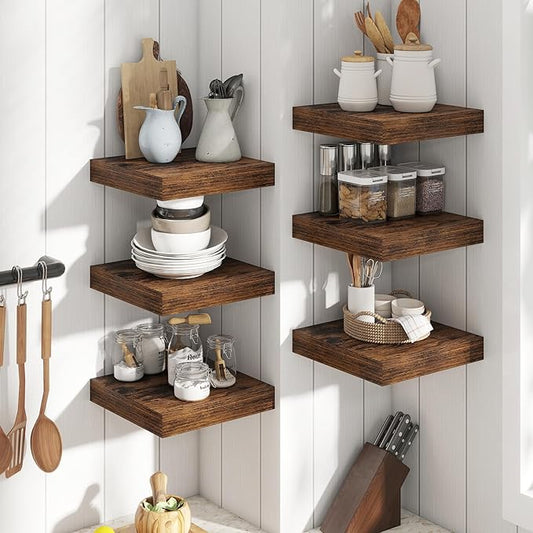 12 Inch Square Floating Shelves for Wall 2 Pack, 12"D Wood Grain Bathroom Shelves with Invisible Brackets, Easy Install Engineered Wood Storage Shelves for Kitchen, Living Room, Rustic Brown Finish