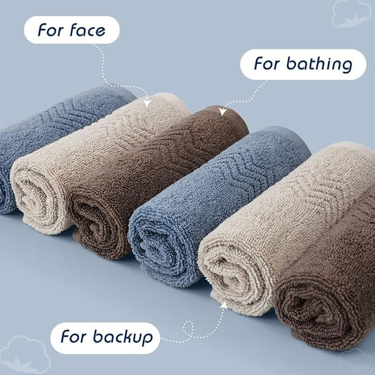 Cleanbear Cotton Washcloths Bath Wash Cloth Set 13 x 13 Inches, 6-Pack Face Cloths with 3 Colors
