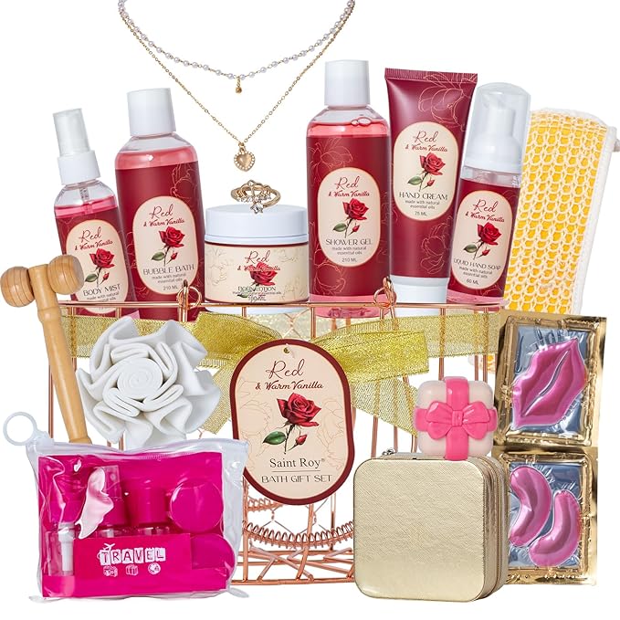 21Pcs Bath and Body Gift Basket Set for Women Christmas Gifts- Rose Vanilla XL Spa Gift Basket for Women Gifts| Bath Gift Set Home Spa Self Care Kit Necklace Finger Ring gift, Birthday Spa Gift