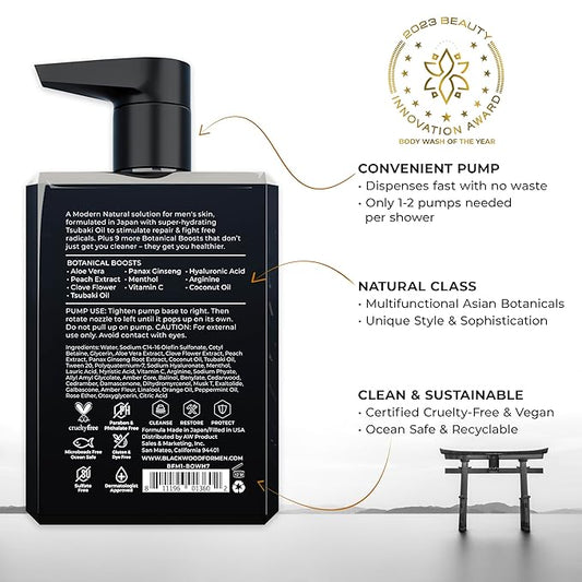 Blackwood For Men Pure Moisture Body Wash - Infused with Ginseng & Menthol - Natural Vegan Formula for Sensitive Skin and Workout Recovery - Sulfate Free, Paraben Free, & Cruelty Free (7 Oz)