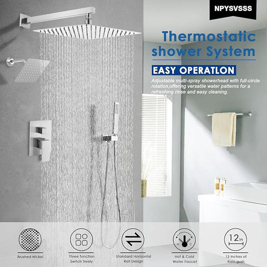 12" Shower Faucet Set Rain Shower System with 6" Wall Mounted Head Full Body Luxury Rain Shower System Rainfall Shower Head with Handheld Combo,3 Way Pressure Balance Valve Kit,Brushed Nickel