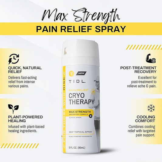 TIDL Cryotherapy Pain Relief Spray, 3 Oz, Max Strength for Fast-Acting Muscle, Joint & Neck Pain Relief, Plant-Based Menthol & Camphor Pain Reliever, Quick Drying Formula