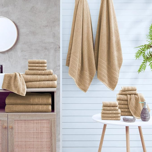 Casa Platino 100% Mercerized Cotton Bathroom Towels Set - 24 Pc - Ringspun, Soft & Absorbent - 2 Bath Sheets, 2 Gym, 2 Bath, 4 Fingertip, 6 Hand Towels, 8 Washcloths - Double Sided Terry - Beige