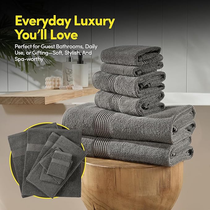 Bath Towels 8 Piece Towel Set β 100% Combed Cotton β Bath + Hand + Washcloths β Oeko-TEX Certified Soft & Absorbent Towels with Durable Double-Stitched Edges for Bathroom or Guest Spa, Gray