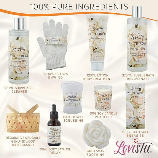 Christmas Gifts Bath & Body Spa Gift Basket for Women, Best Gift for Mother's Day & Birthday, White Rose Set Body Lotion, Shower Gel, Bubble Bath, Bath Salt, Towel, Soap, Oil, Candle, Gloves,