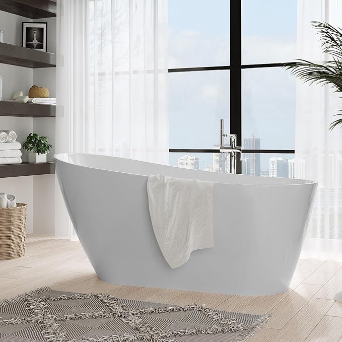 59 Inch Acrylic Freestanding Bathtub, Bathtub with Matte Drain and Overflow, Modern Square Tub with Deep Ergonomic Design and Double-Walled Insulation, Double-Walled Insulation, cUPC Certified