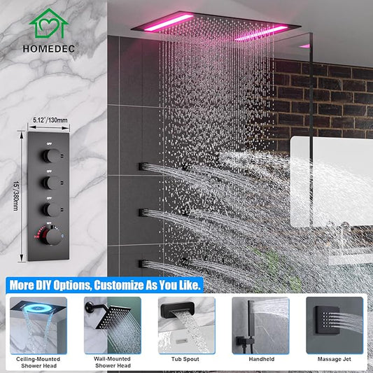 HOMEDEC 3 Way Thermostatic Shower Diverter Valve, Brass 3/4" Inlet and 1/2" Outlet, Multi-Function Diverter with Independent Controls, Black