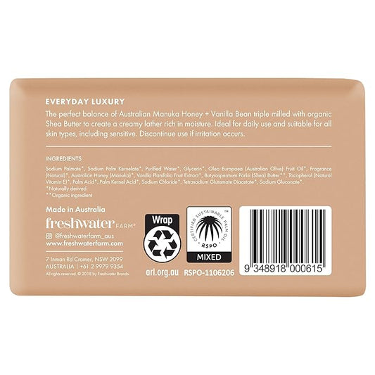 Freshwater Farm Australia Soothing Castile Natural Body Bar/Soap Bar for Women/Men- Manuka Honey + Vanilla Bean. Bar Soap/Body Soap With Organic Shea Butter For Dry, Sensitive Skin - 7 oz x 8 pack