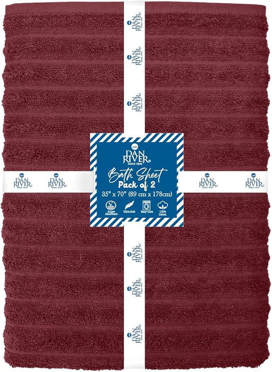 DAN RIVER Pack of 2 Bath Sheet 35x70 Inches, Ribbed Jumbo Bath Towels, Soft and Absorbent Extra Large Towels - Pomegranate