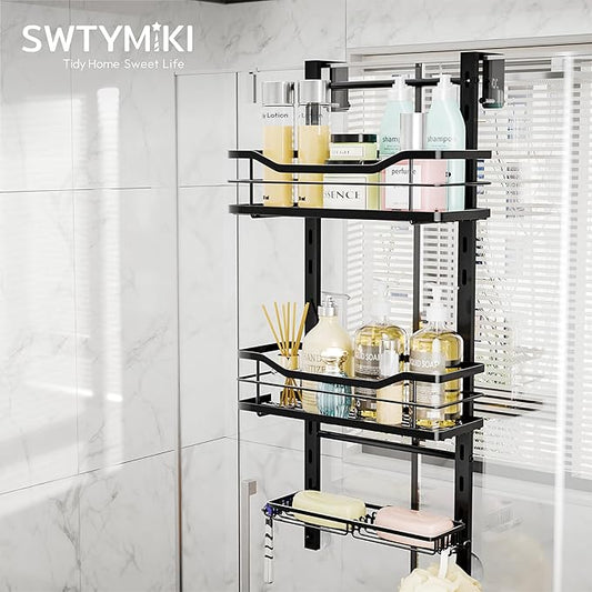 SWTYMIKI Over the Door Shower Caddy - 3 Tier Adjustable Shower Organizer Hanging with Soap Holder, No Drilling Stainless Steel Bathroom Rack Hanging for Body Wash, Shampoo, Soap, Razor, Black