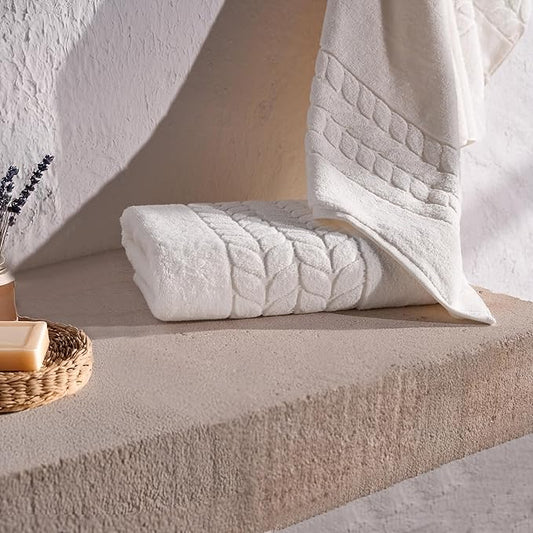 BAGNO MILANO Organic Turkish Cotton Bath Towels, Luxury Jacquard Collection, Certified Organic Highly Absorbent, Soft-Plush Towel Set (Cream, 2 Pcs Bath Towel Set)