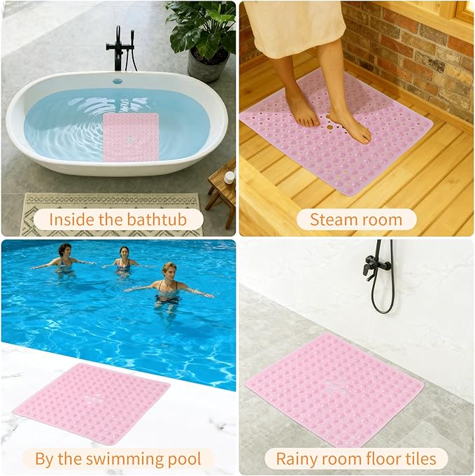 Anti-Slip Bathtub Shower mat, 20.8×20.8(Approximately 53×53cm) inch Soft Oversized Machine Washable Non-Slip Bathtub mat with Drainage Holes, Bathroom Floor Suction Cup.(1-Clear Pink)