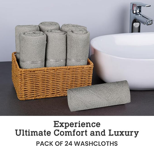 Casa Lino Face Towels & Body Wash Cloths for Showering - 100% Cotton Wash Cloths for Bathroom - Highly Absorbent & Quick Drying Washcloth Set - Cotton Washcloths 24 Pack (12" x 12") - (Silver Grey)
