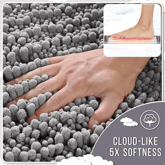 Yimobra Bathroom Rugs Sets 2 Piece - Quick Dry Extra Thick Luxury Chenille Bath Mat, Non Slip Super Absorbent for Tub Shower Sink, Machine Washable Shaggy Floor Mat, 24"x17+24"x20" Inch, Grey