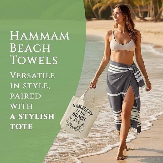 Turkish Cotton Beach Towel Pack of 4 & 1 Boho Tote Bag - Hammam Towels - No Shrink - Quick Dry - Lightweight - Sand Free - Camping - Pool - Tanning - Beach Essentials - Gray (40"x70")