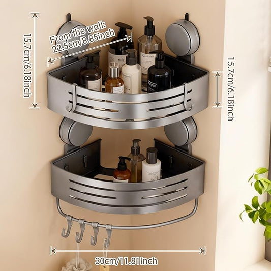 Corner Suction Cup Shower Caddy(2-Pack Gray),No-Drilling Aluminum Shower Shelf with Towel Bar & Hooks,Removable Bathroom and Kitchen Storage Organizer