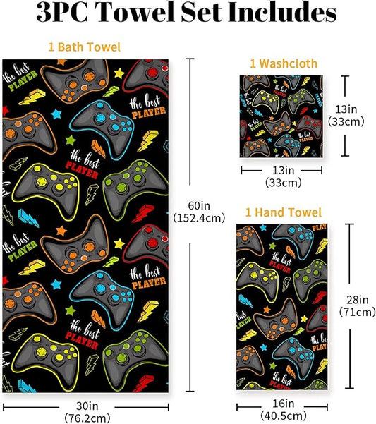 Gaming 3 Piece Towel Bathroom Sets, 1 Bath Towel, 1 Washcloth, 1 Hand Towel, Cotton Fast Dry Soft Absorbent Towel Set for Home Kitchen Family