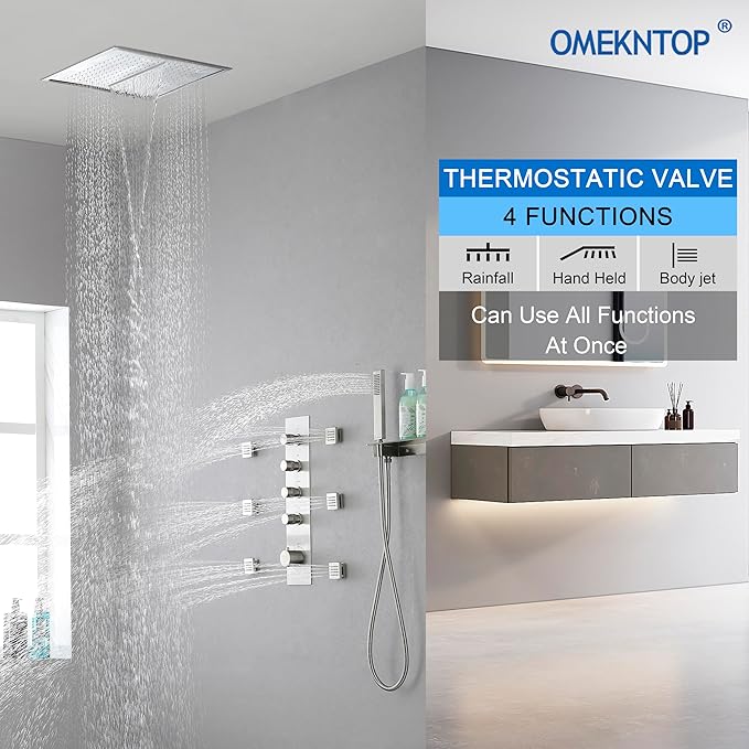 Brass Brushed-Nickel 4-Way Thermostatic Shower Diverter Valve - 4 Function Mixer with Individual On/Off Flow Control for Shower Arm & Kit