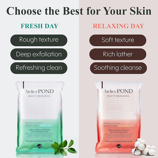 Korean Exfoliating Washcloth 2-Pack – Shower Towel Body Scrub Cloths for Deep Cleansing & Dead Skin Removal (Fresh Green + Relax Orange – Value Set)