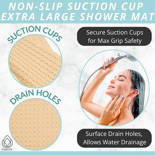 ENKOSI Extra Large Square Non Slip Shower Mat - 31 x 31-inch XL Bathroom Shower Mat - Square Shower Mats for Shower Stall Floors | Secure Suction Cups and Drain Holes (31x31 Beige Opaque)